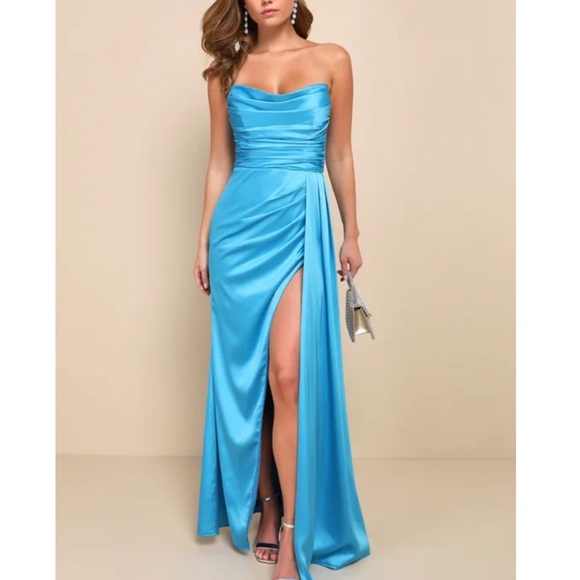 Lulus Dresses & Skirts - Lulu's Strapless Satin Prom Dress in Bright Aqua Blue